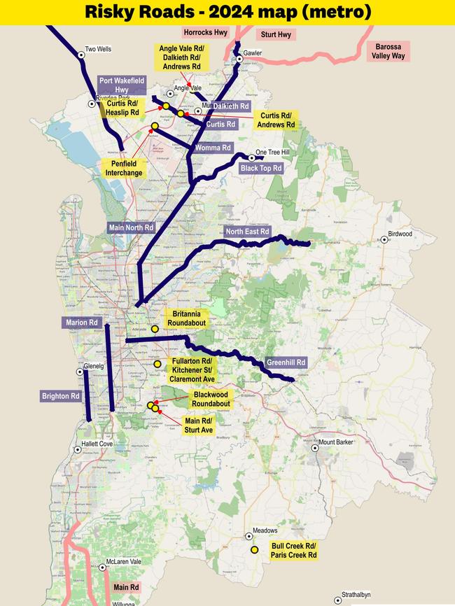 RAA SA's top 10 Risky Roads revealed - Metro map. Picture: Supplied