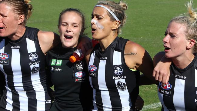 Moana Hope celebrates Collingwood’s AFLW win over Adelaide. Picture: AAP Images