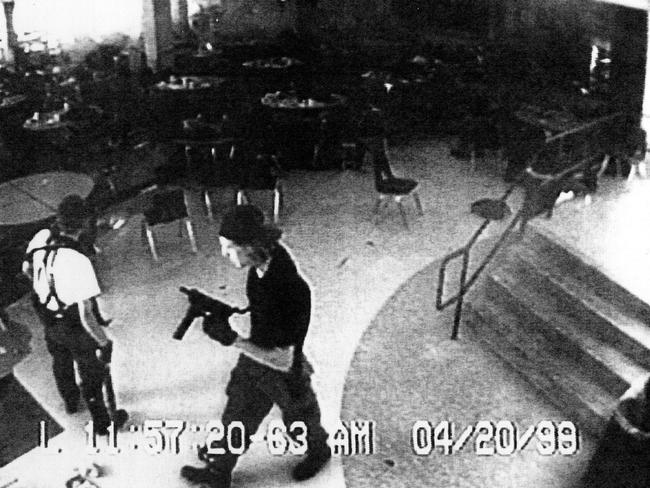 Eric Harris and Dylan Klebold are shown in a still from a videotape made by a cafeteria surveillance camera during the April 20, 1999 shooting massacre.