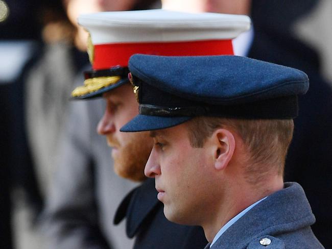 Prince Harry, Duke of Sussex, and Prince William, Duke of Cambridge, lay a wreath at the Remembrance Sunday ceremony. Picture: AFP