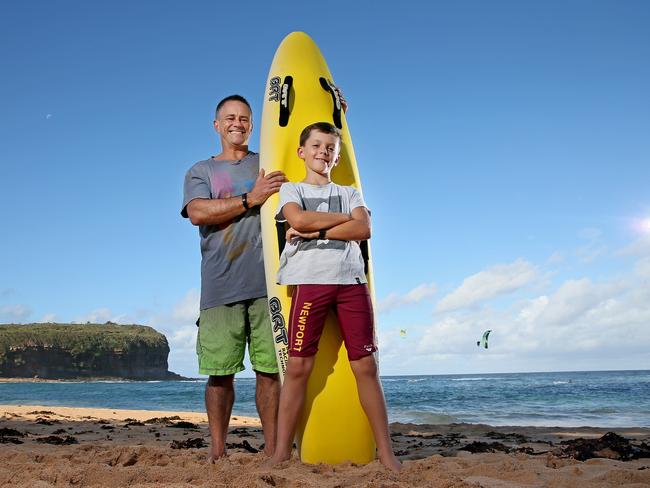 Newport nipper Leo Stevens, 9, and his dad Rod, helped rescue a man in trouble while swimming at Mona Vale Basin. Picture: Troy Snook