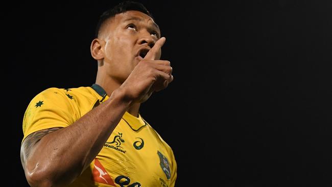 Israel Folau celebrates scoring a try for the Wallabies. Picture: AAP 