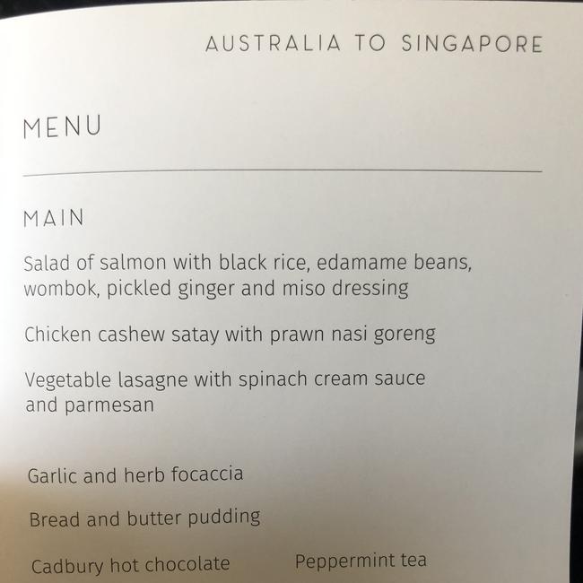 Anthony Burns and his partner Courtney Ward took a photo of the flight menu they got. Picture: supplied