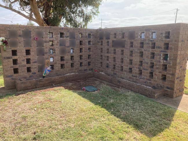 Fifteen metal plaques were stolen from a brick wall niche at a Bacchus Marsh cemetery. Picture: Supplied