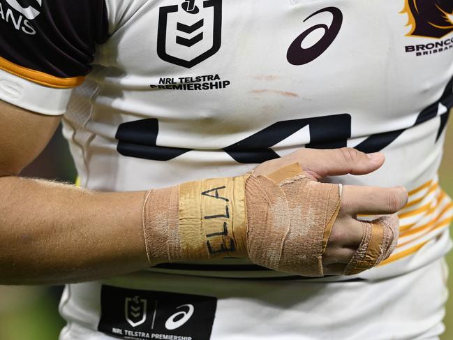 A close up of Reece Walsh’s hand which was heavily strapped going into the game. Picture: Ian Hitchcock/Getty Images