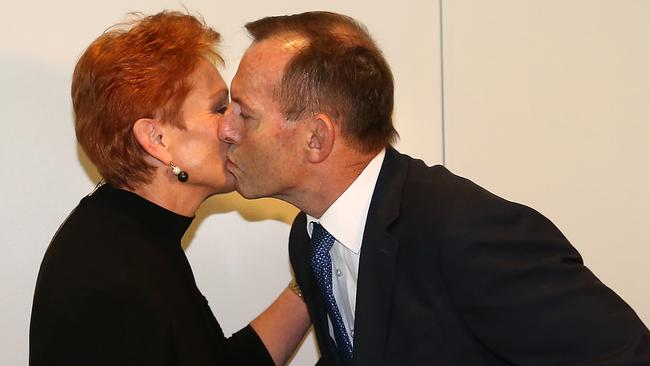 Former Prime Minister Tony Abbott launching Senator Pauline Hanson’s book at Parliament House in Canberra. Picture: Kym Smith