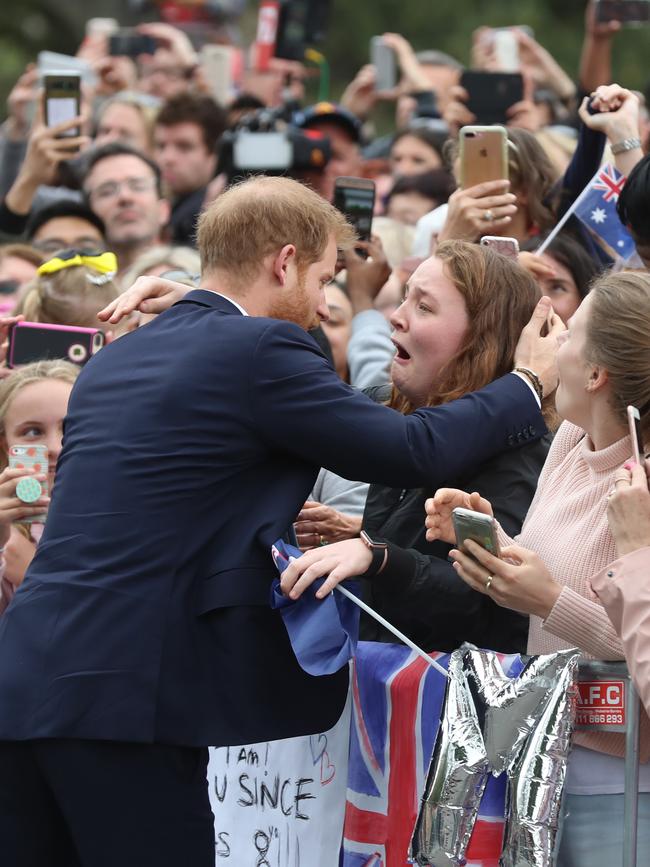 Royal fan India Brown was overcome with emotion when Prince Harry hugged her. Picture: Alex Coppel