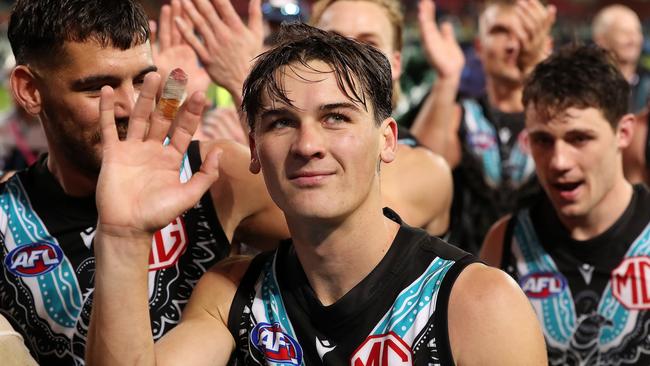 Connor Rozee will play his 100th game in the Showdown. Picture: Sarah Reed/AFL Photos via Getty Images