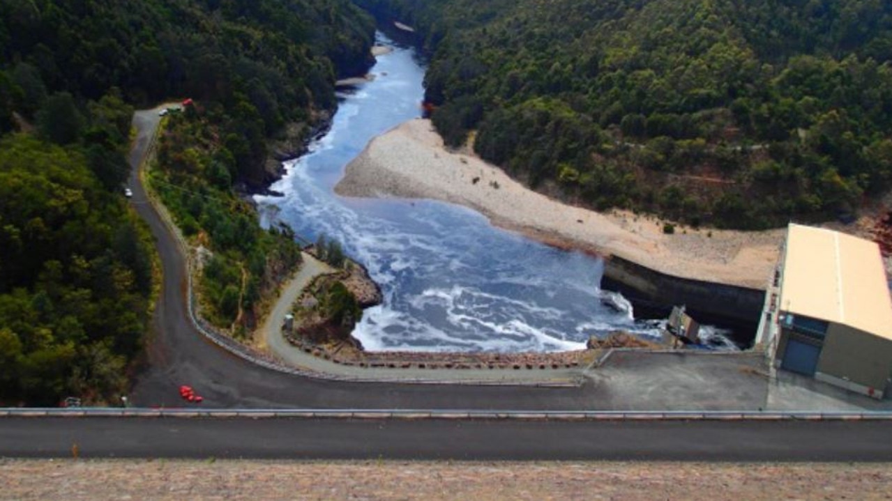 Reece Power Station tailrace and Pieman River below Reece Dam, part of the Anthony-Pieman hydropower scheme in Western Tasmania. Picture: Hydro Tasmania