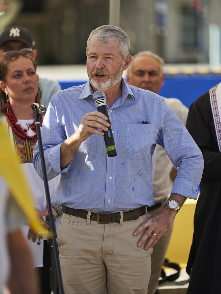 David Fawcett spearking at Pray for Ukraine in Adelaide, Sunday, March 13, 2022. Picture: Matt Loxton