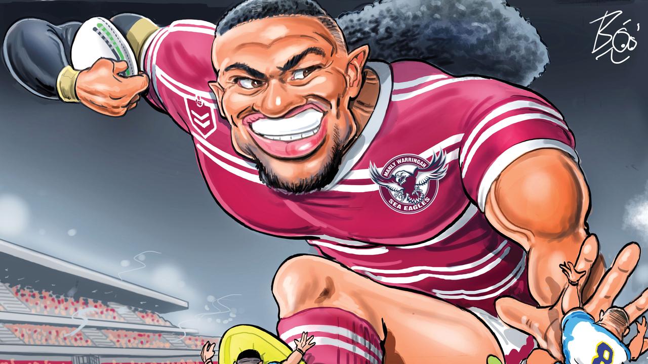 Manly’s Hamoule Olakau’atu has Origin potential. Digital art: Boo Bailey