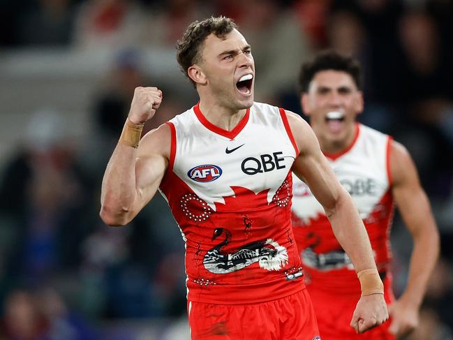 MELBOURNE, AUSTRALIA – MAY 23: Will Hayward of the Swans celebrates a goal during the 2024 AFL Round 11 match between the Western Bulldogs and the Sydney Swans at Marvel Stadium on May 23, 2024 in Melbourne, Australia. (Photo by Michael Willson/AFL Photos via Getty Images)