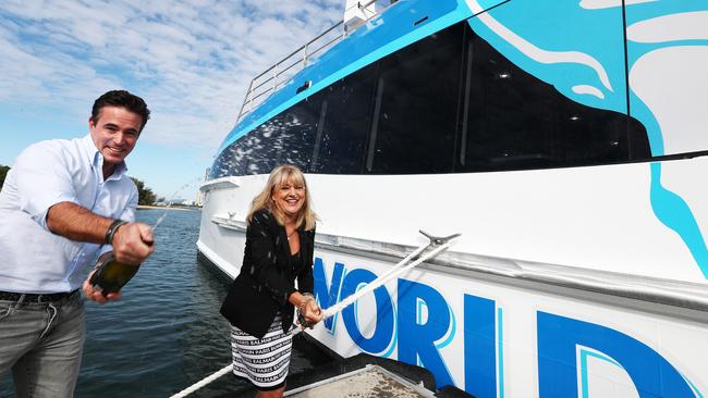 Village Roadshow Theme Parks CEO Clark Kirby and Acting Mayor Donna Gates unveil the new Sea World Whale Watch vessel <i>The Spirit of Migaloo II</i>. Picture: Jason O'Brien