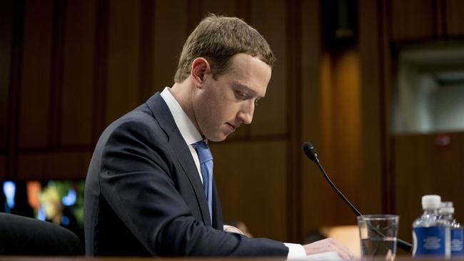 Facebook CEO Mark Zuckerberg testifying before a joint hearing of the Commerce and Judiciary Committees in Washington about the use of Facebook data to target American voters in the 2016 election. Picture: AP