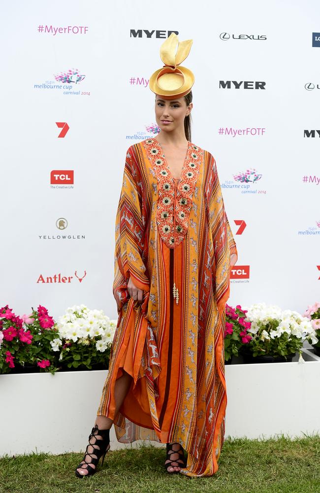 Alisha Rutherford all dressed up at Flemington Racecourse on Melbourne Cup Day 2014. Picture: Stephen Harman