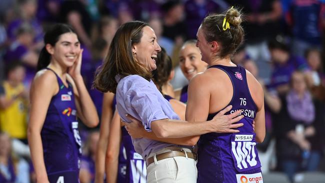 BRISBANE, AUSTRALIA - APRIL 23: Firebirds head coach Bec Bulley celebrates with Gabi Simpson during the round six Super Netball match between the Queensland Firebirds and the Giants Netball at Nissan Arena, on April 23, 2023, in Brisbane, Australia. (Photo by Albert Perez/Getty Images)