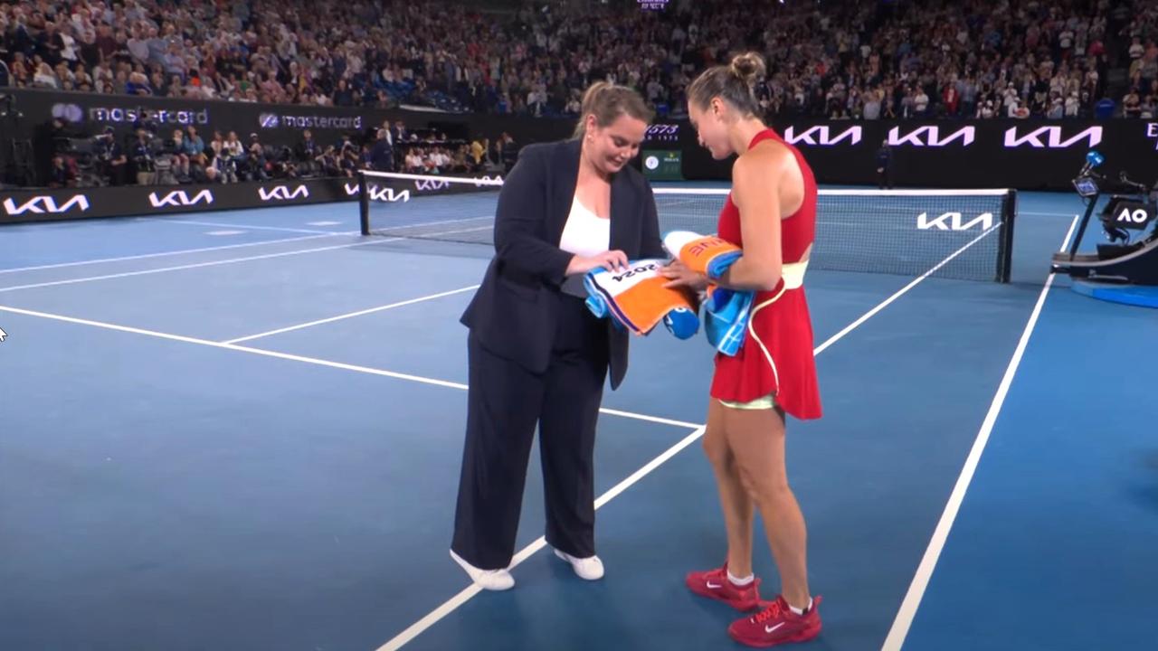 Aryna Sabalenka would have given the shirt off her back if Jelena Dokic had asked. Photo: YouTube, Australian Open TV.