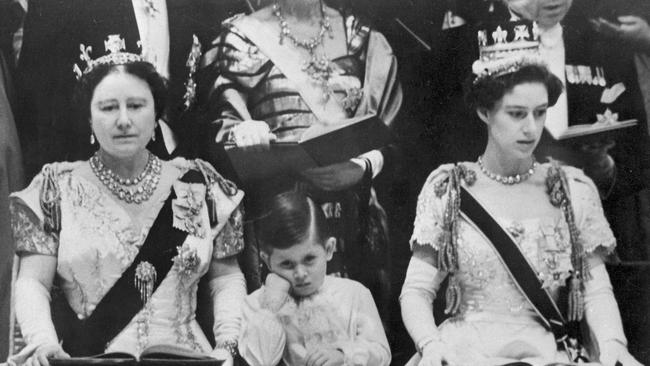 Queen Mother Elizabeth, Prince Charles and Princess Margaret attend the ceremony of coronation of the Queen Elizabeth II, in Westminster Abbey, in London.