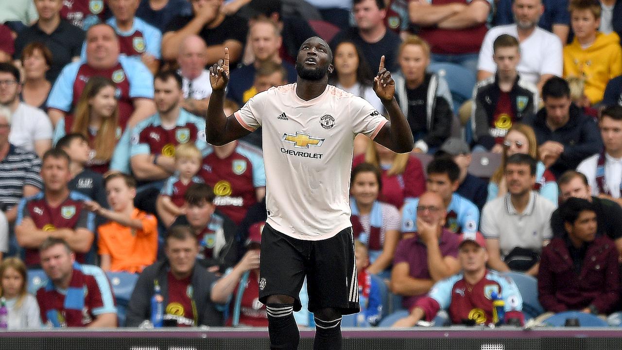 Romelu Lukaku of Manchester United celebrates as he scores his team's second goal against Burnley.