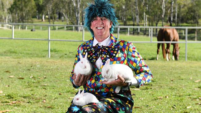 Windy the Wizard with his 3 rabbits. Picture: Shae Beplate.