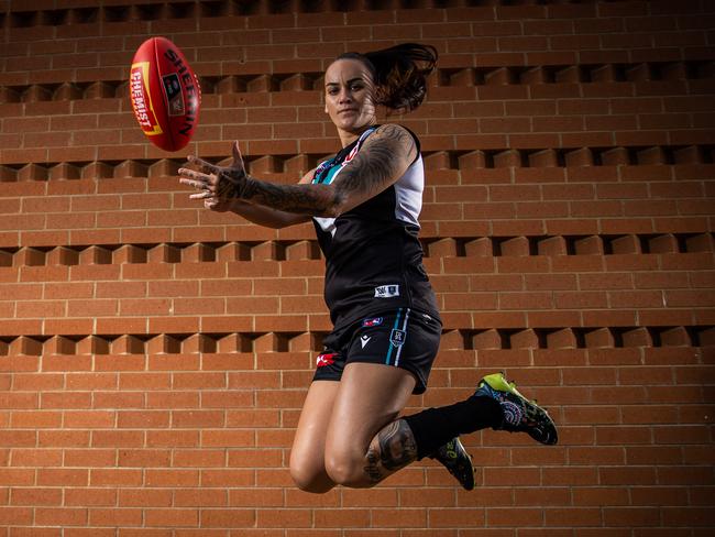 Port's star recruit, former Fremantle forward, Gemma Houghton, pictured in her new colours at Alberton. Picture: Tom Huntley