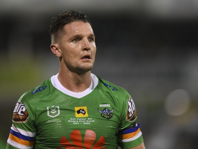 Jarrod Croker of the Raiders reacts during the Round One NRL match between Canberra Raiders and Gold Coast Titans at GIO Stadium in Canberra, Friday, March 13, 2020. (AAP Image/Lukas Coch) NO ARCHIVING, EDITORIAL USE ONLY