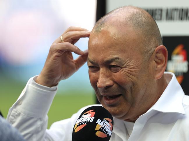 PARIS, FRANCE - AUGUST 27:  Eddie Jones, the Australia head coach talks to the media during the 2023 Summer International match between France and Australia at Stade de France on August 27, 2023 in Paris, France. (Photo by David Rogers/Getty Images)