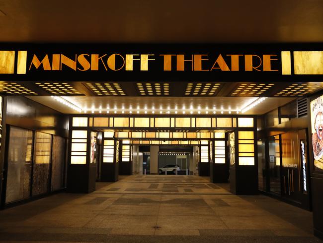 The Minskoff Theatre is shuttered in New York, near Times Square after Broadway theatres closed following New York Gov. Andrew Cuomo's banning of gatherings of more than 500 people. Picture: AP