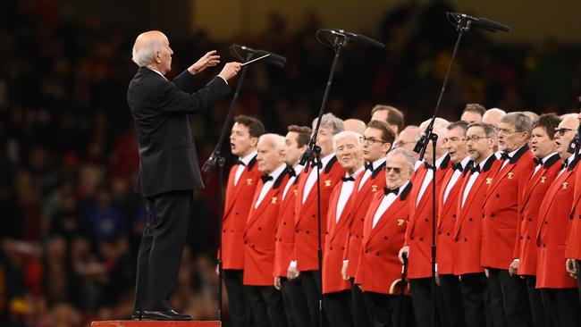 The Welsh choir and conductor before the Six Nations Rugby match at the weekend. Picture: Getty Images