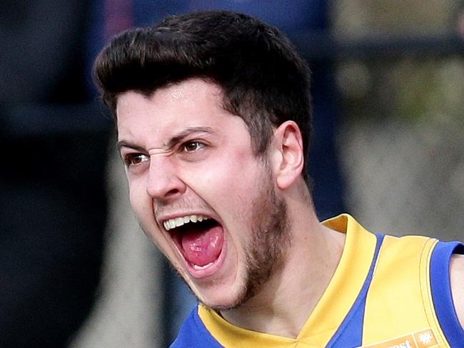 Andrew Gallucci of Williamstown celebrates a goal during the VFL Qualifying Final between Sandringham and Williamstown played at the Trevor Barker Beach Oval on Sunday 6th September, 2015. Picture: Mark Dadswell