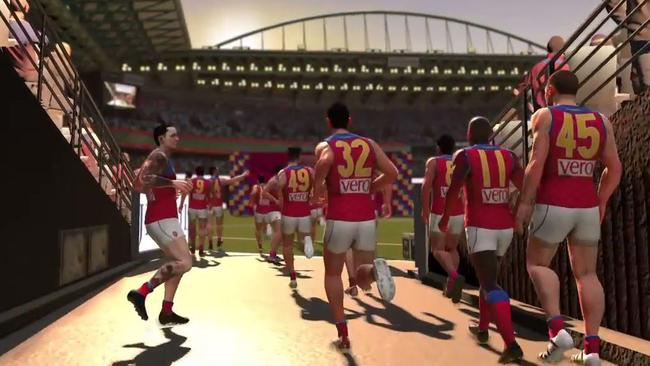 The Brisbane Lions run out onto Etihad Stadium in a screenshot from new video game AFL Evolution.