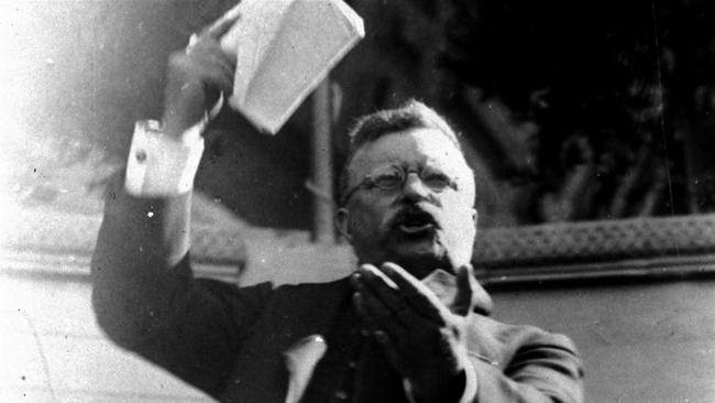 Former US President Theodore Roosevelt pictured giving a speech in 1915. The Museum of Natural History’s president, Ellen Futter, said the museum objects to the statue but not to Roosevelt. Picture: News Corp