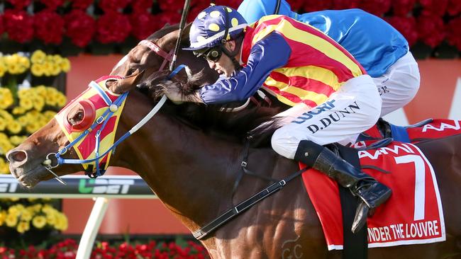 Under The Louvre edges out Black Heart Bart to win the Stradbroke on Saturday. Picture: Jono Searle