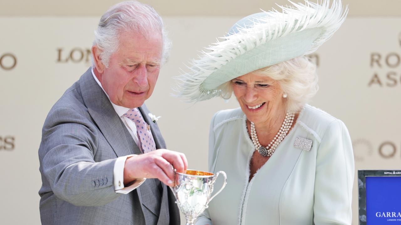 King Charles III and Queen Camilla with the trophy for the King George V Stakes as owners of Desert Hero on Day 3 of Royal Ascot. Picture: Chris Jackson–Getty Images