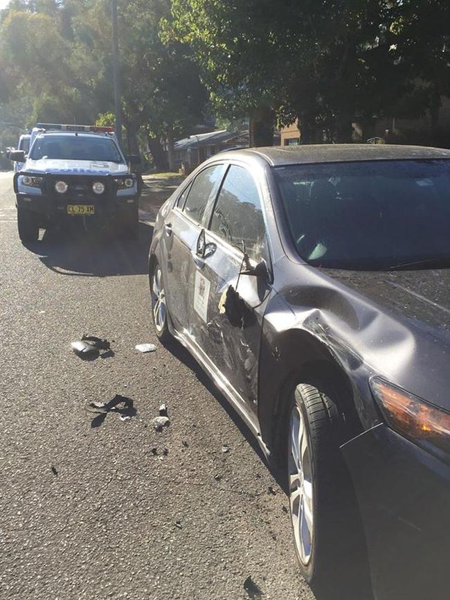 Saab struck a parked car, causing significant damage when she lost control. Picture: Nine News