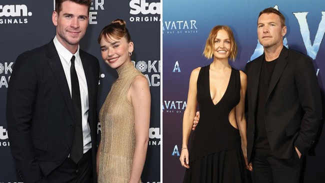 Liam Hemsworth and new love Gabriella Brooks, left, and Lara and Sam Worthington, right. Pictures: Supplied