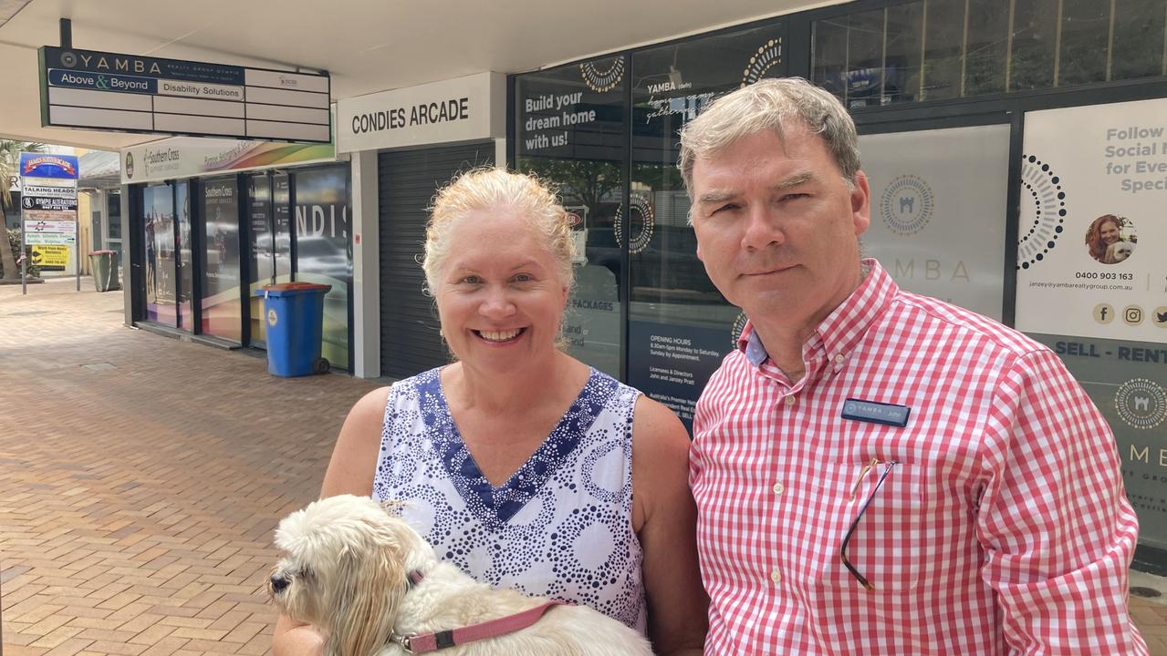 Yamba Realty owners Janzey and John Pratt of Yamba Realty say their agency will reopen, but were unsure if it would do so in the Mary St shop which was flooded from floor to ceiling.