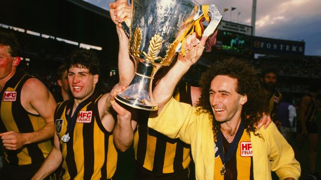 John Platten (far right) says he has no memory of this 1989 AFL grand final victory with the Hawks.