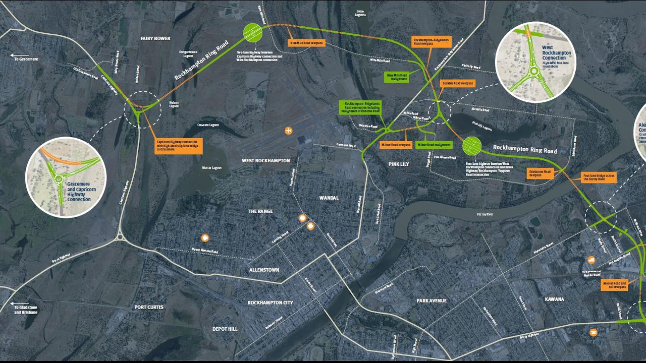 The Rockhampton Ring Road would assist traffic congestion arising from the expansion of new estates on the northern corridor. Map supplied by Department of transport and Main Roads