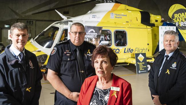 Launching National Road Safety Week are (from left) QAS Superintendent Glen Maule, QFES Acting Chief Superintendent Warren Buckley, TRC Cr Carol Taylor and QPS Inspector Paul James at LifeFlight hanger. Picture: Kevin Farmer