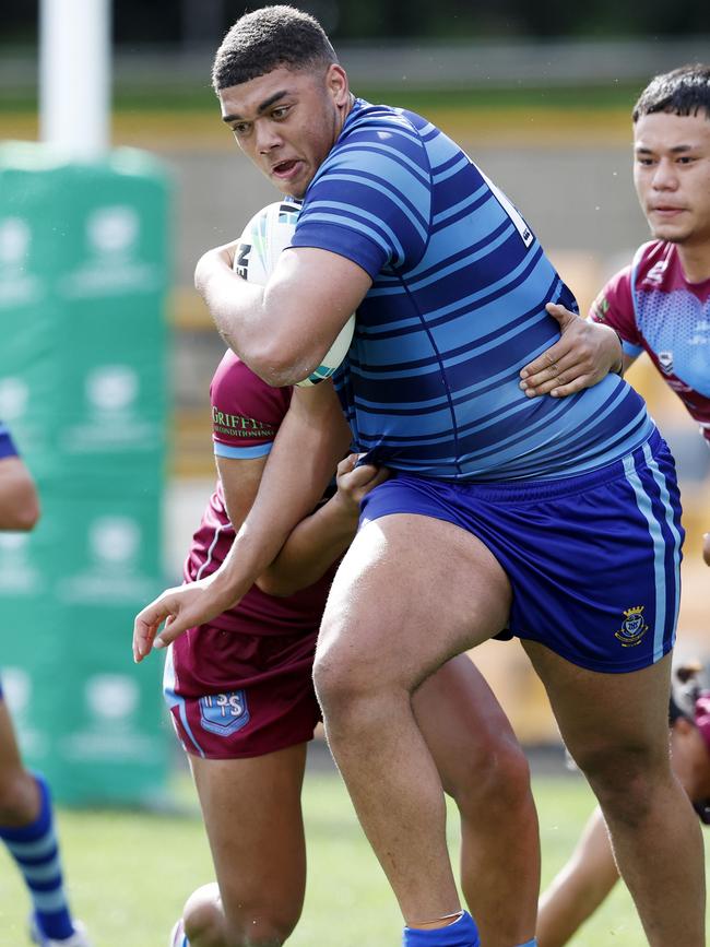 Jordan Miller making a run during the NRL Schoolboys Grand Final between Patrician Brothers, Fairfield and Hills Sports High at Leichhardt Oval. Picture: Jonathan Ng