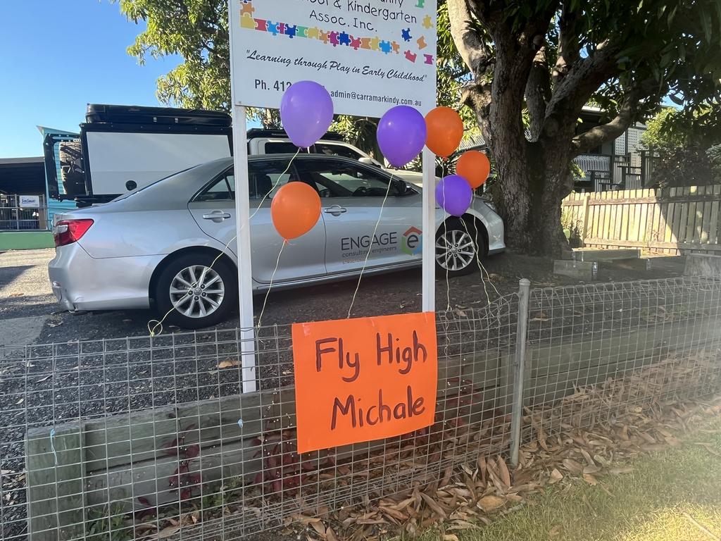 Across the road from Reach Church where Ms Chandler’s funeral service was held on Tuesday morning, Carramar Community Pre-School and Kindergarten had tied orange and purple balloons and placed a sign that read “fly high Michale”.