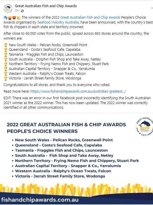 Great Australian Fish and Chip Awards edited a Facebook post after mistakenly naming Fish Out of Water the winner. Picture: Facebook