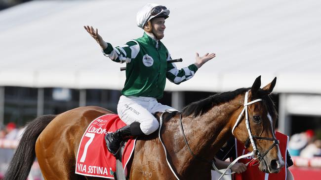 NCA. MELBOURNE, AUSTRALIA. October 26, 2024. Racing. Cox Plate day at Moonee Valley racecourse.. Race 9. The Cox Plate. Via Sistina ridden by James McDonald wins the 2024 Cox Plate . Pictures : Michael Klein