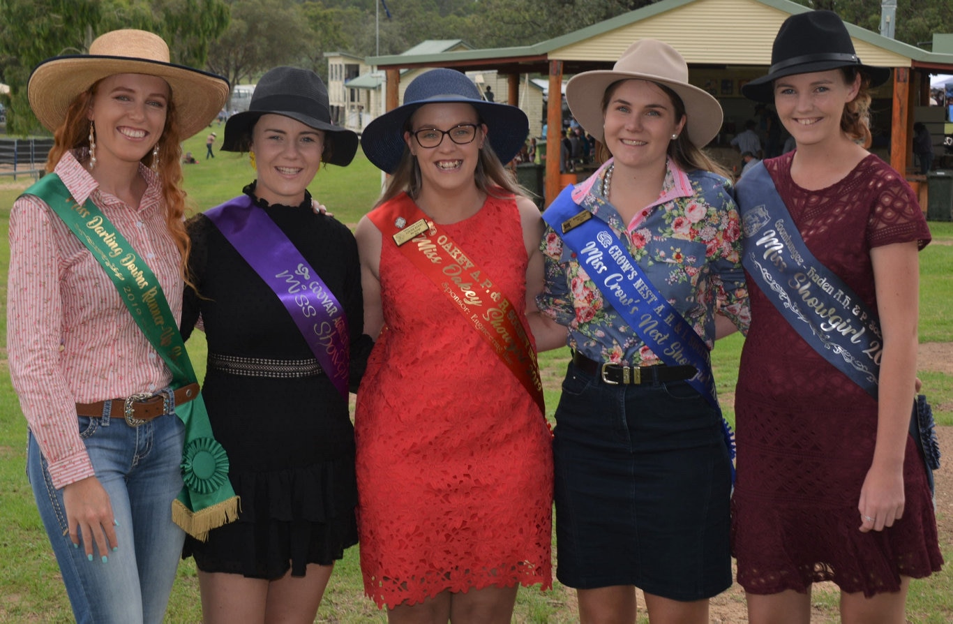 All the Showgirls from across the region, Jasmine Kidman, Brooke Barron, Louise Byers, Bethany Campbell and Tomika Pickering at the Cooyar Show. Picture: Kate McCormack