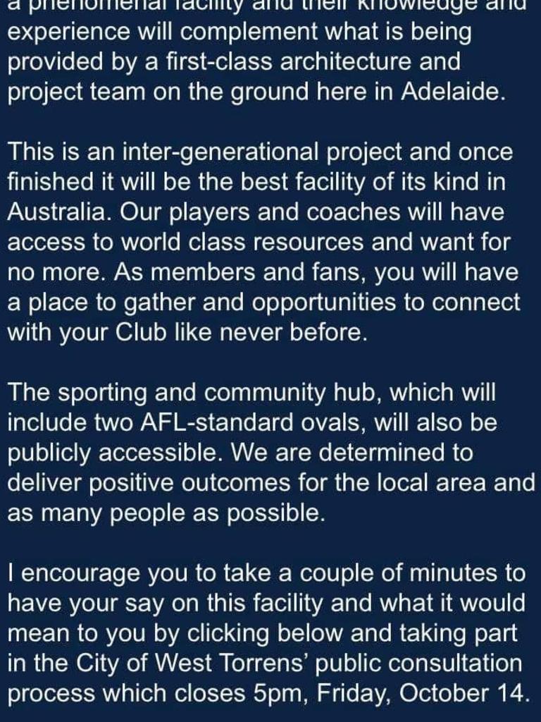 A screenshot of a memo sent to Adelaide Crow's members on Wednesday, with a comment addressing the 'Your Say' survey. Picture: Supplied