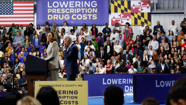 Kamala Harris and Joe Biden speak about lowering drug costs in Maryland. Picture: Getty Images via AFP.