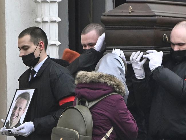 Pallbearers carry the coffin of late Russian opposition leader Alexei Navalny out of the Mother of God Quench My Sorrows church in Moscow. Picture: AFP