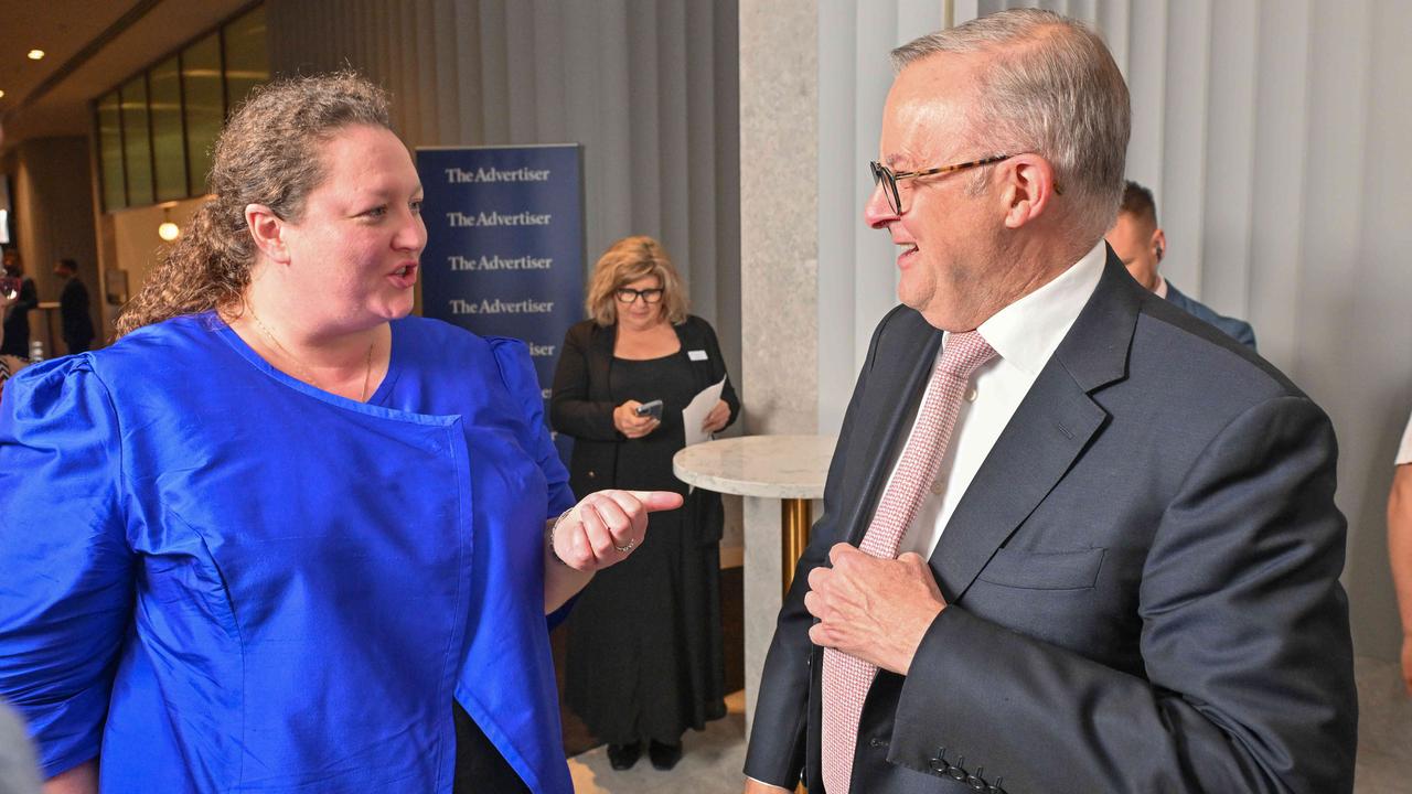 Advertiser Editor Gemma Jones and Prime Minister Anthony Albanese at the Bigger Better SA forum at SkyCity. Picture: Brenton Edwards