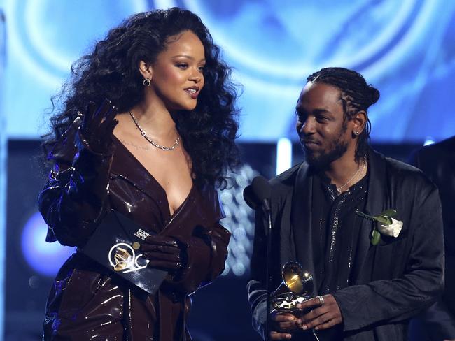 Rihanna and Kendrick Lamar accept the award for best rap/sung performance for “Loyalty” at the 60th Annual GRAMMY Awards at Madison Square Garden on January 28, 2018 in New York City. Picture: AP